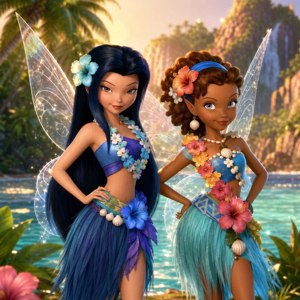 Disney Fairies Pixie Hollow Games (2011) Silvermist & Marina An Water Fairies, WEARING HAWAIIAN COSTUME FOR MOTUNUI ISLAND
